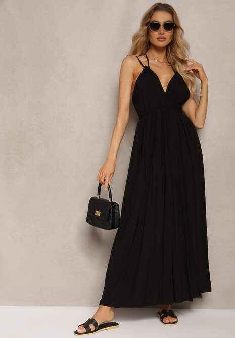 Czarna Sukienka z Wiskozy o Rozkloszowanym Kroju Wiązana na Szyi i Plecach Grines