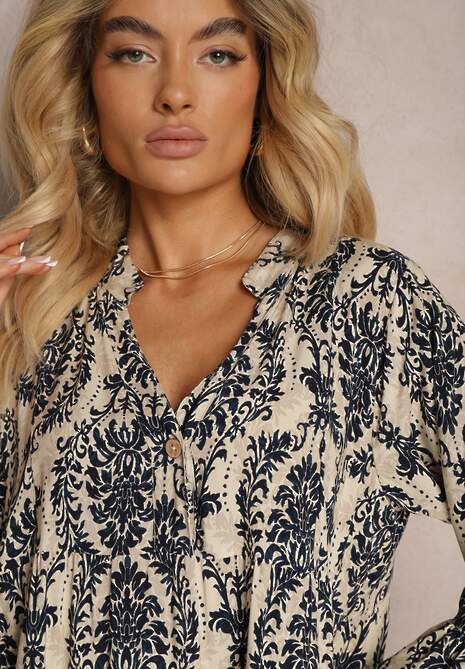 Granatowo-Beżowa Sukienka z Bawełny o Rozkloszowanym Kroju Wykończona Falbanką Niloa