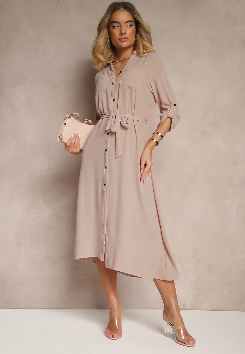 Ciemnobeżowa Sukienka Koszulowa Ozdobiona Paskiem Vivirielle
