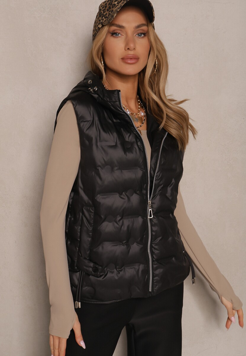 Czarna Pikowana Kamizelka z Kapturem i Ściągaczami Annialia