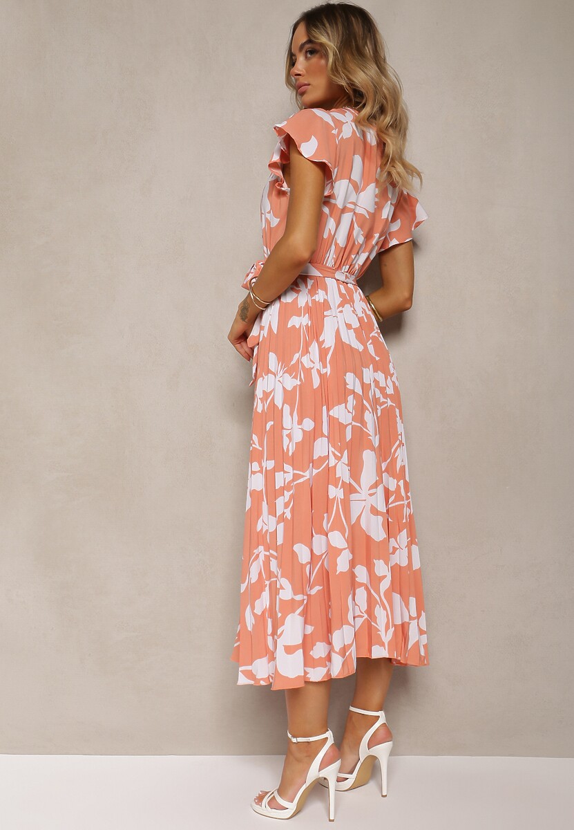 Pomarańczowo-Biała Sukienka z Kopertowym Dekoltem Plisowanym Dołem Wykończona w Talii Paskiem i Gumką Elsavia