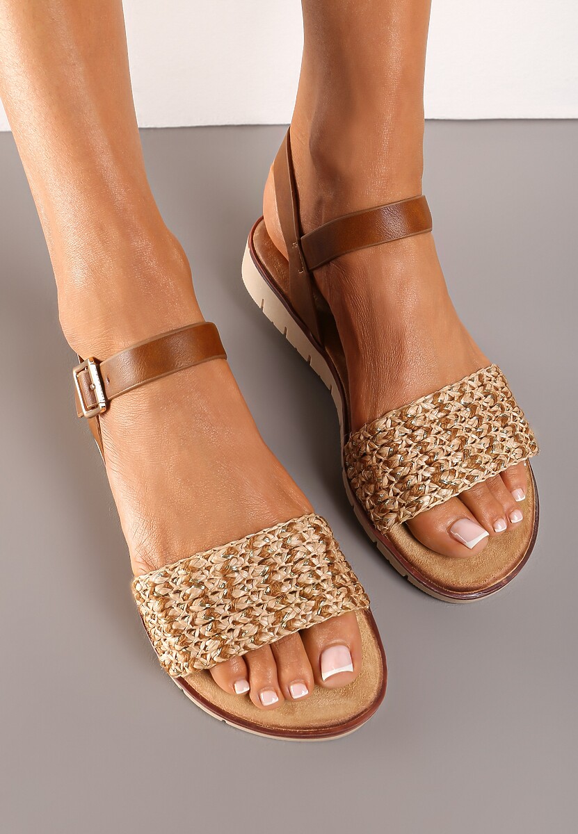 Brązowe Sandały na Płaskiej Podeszwie z Plecioną Paskiem Jutowym Tesarine