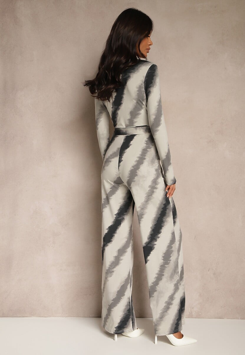 Szaro-Czarny Kombinezon z Trójkątnym Dekoltem i Paskiem w Talii Nanthe