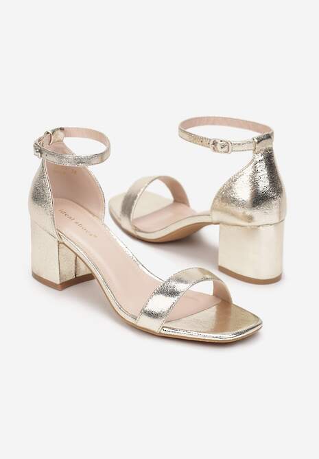 Złote Gładkie Sandały na Słupkowym Obcasie Saia