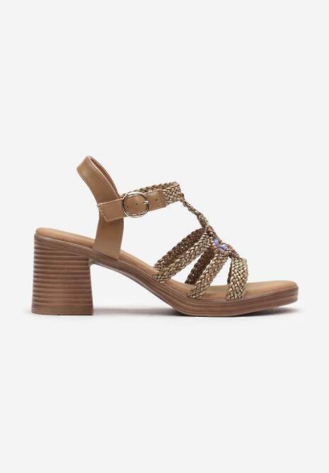 Ciemnobeżowe Sandały z Imitacji Skóry na Słupku z Plecionymi Paskami i Ozdobnymi Koralikami Elltina