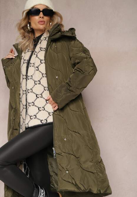 Zielona Pikowana Kurtka Płaszcz za Kolano z Kapturem Kelotta