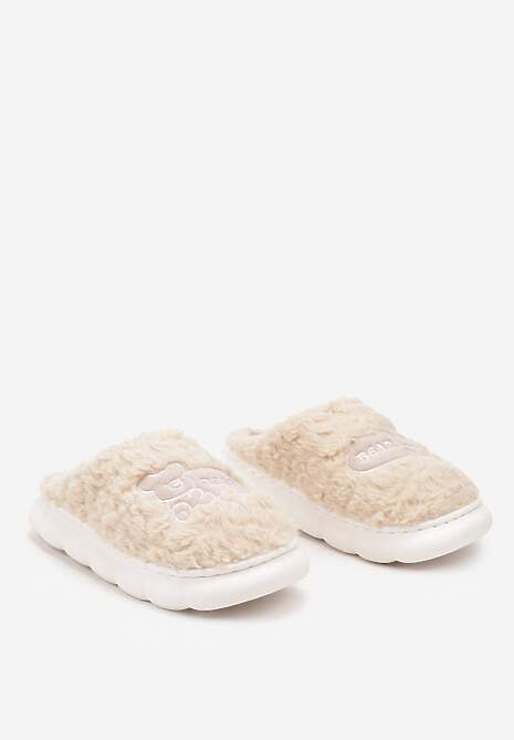 Beżowe Futerkowe Kapcie na Grubej Tłoczonej Podeszwie Naritevia