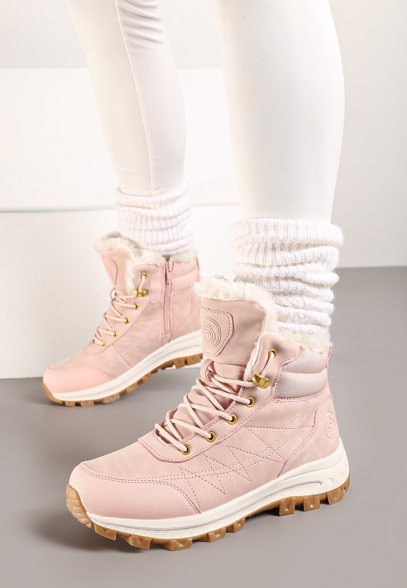 Różowe Traperki na Tłoczonej Platformie ze Sznurowaniem Zinlatta