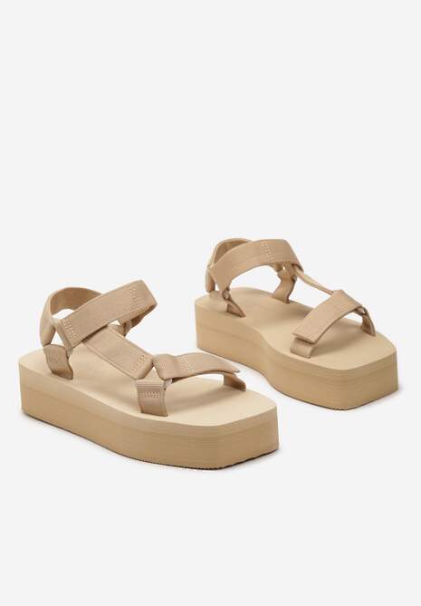 Beżowe Sportowe Sandały Zapinane na Rzep z Piankową Platformą Terith