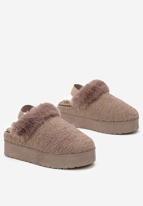 Ciemnobeżowe Futerkowe Śniegowce na Grubej Podeszwie z Gumką na Pięcie Sosena