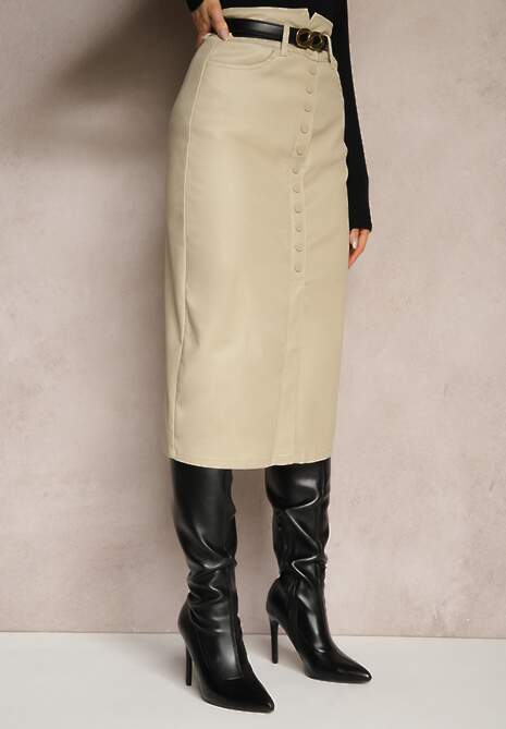 Jasnobeżowa Spódnica z Ekoskóry High Waist z Rozcięciem i Napami z Przodu Asttia