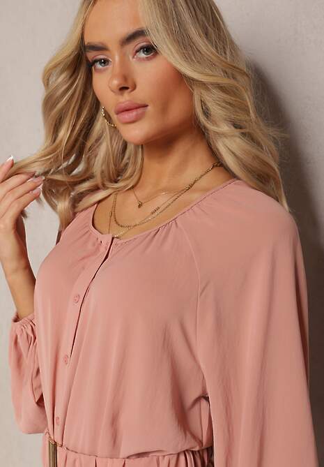 Ciemnoróżowa Sukienka Maxi o Swobodnym Kroju z Guzikami i Paskiem z Metaliczną Klamrą Ferian