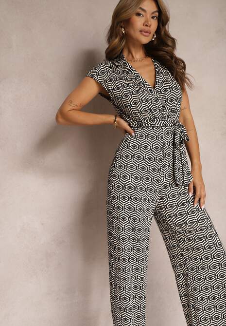Czarno-Beżowy Kombinezon z Dodatkiem Wiskozy z Wiązaniem w Talii w Geometryczny Wzór Trosofia