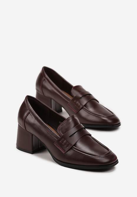 Bordowe Półbuty na Niskim Słupku z Ozdobnym Paskiem i Kwadratowym Noskiem Porride