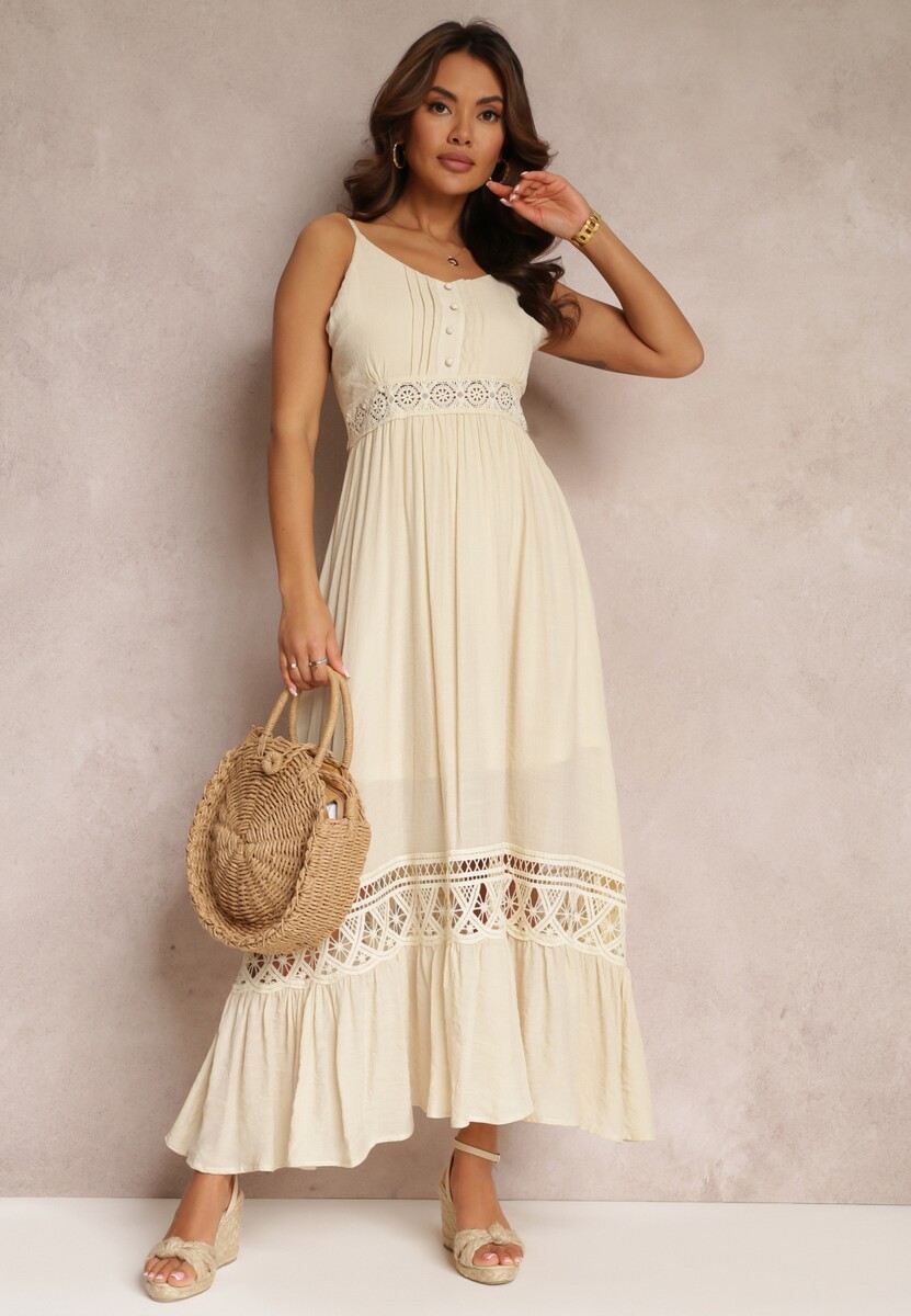 Beżowa Rozkloszowana Sukienka Maxi z Falbanką i Koronką Luluma