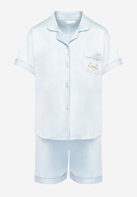 Jasnoniebieski Komplet Piżamowy z Krótką Koszulą z Napisem i Szortami Finetta