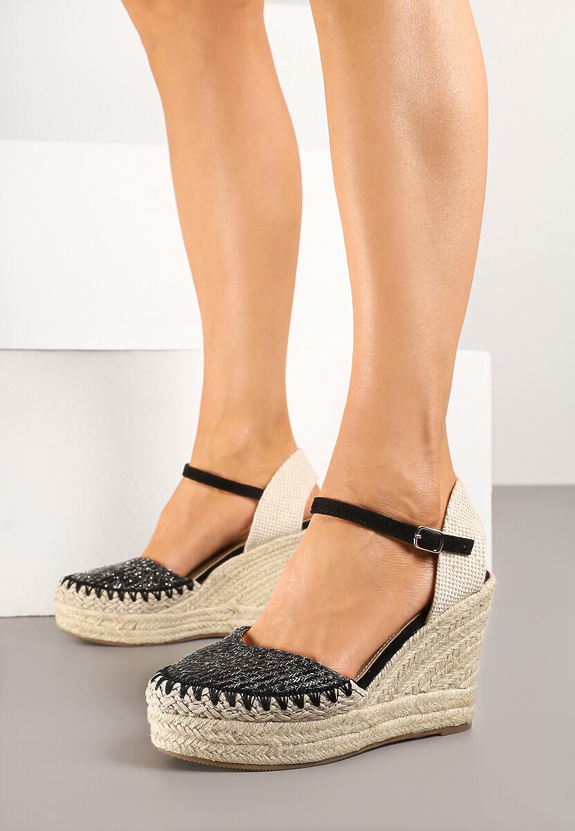 Czarne Sandały na Koturnie w Typie Espadryli Ozdobione Plecionką Akiora