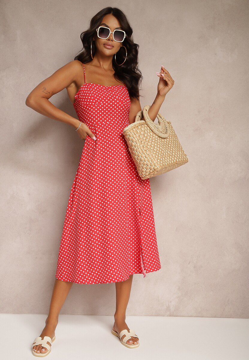 Czerwona Rozkloszowana Sukienka Midi w Kropki na Ramiączkach Mabella