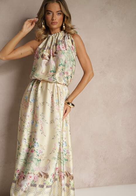 Żółta Sukienka z Satyny Zdobiona Kwiatowym Wzorem i Wiązaniem Fenalesa