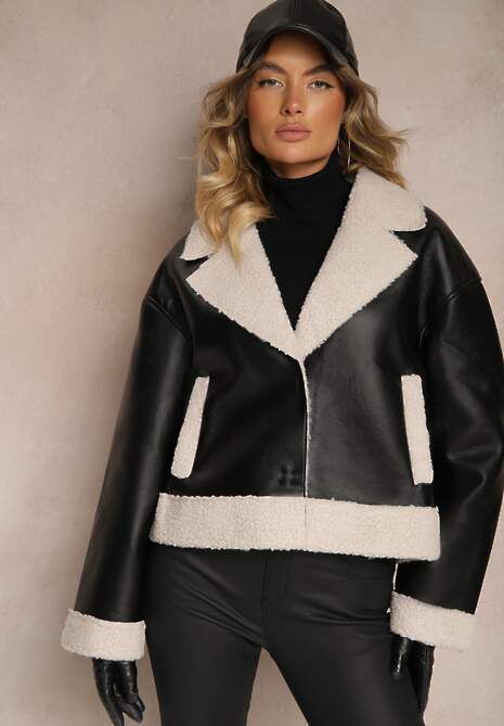 Czarna Kurtka Biker w Stylu Ramoneski z Futrzanym Ociepleniem Nikinia