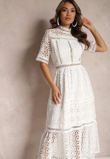 Biała Rozkloszowana Sukienka Maxi Ażurowa z Falbanką Ranilette