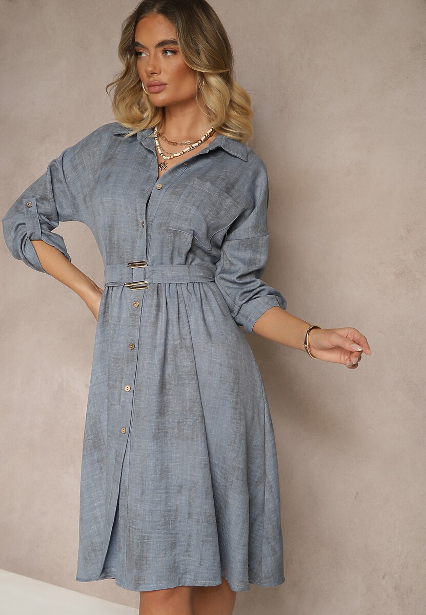 Niebieska Sukienka Koszulowa z Paskiem z Klamrą i Kieszonką Parmio