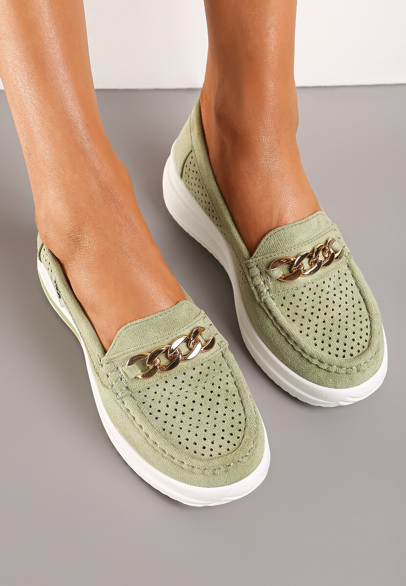Zielone Mokasyny na Platformie z Łańcuszkiem Himenna