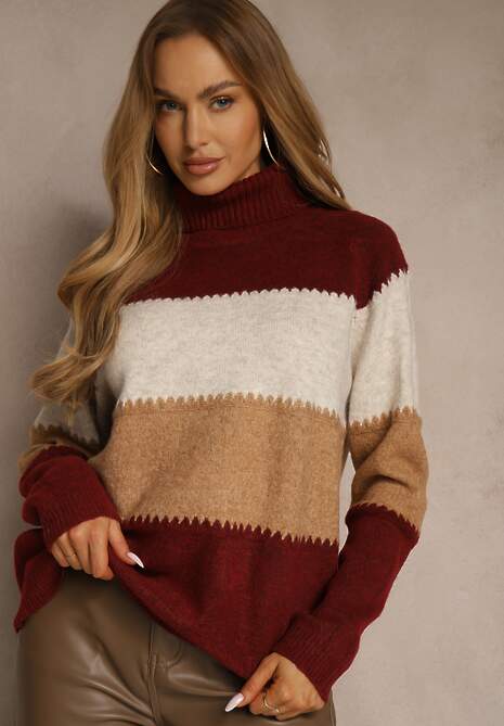 Bordowy Oversizowy Golf z Dodatkiem Kaszmiru w Szerokie Paski Nemeana