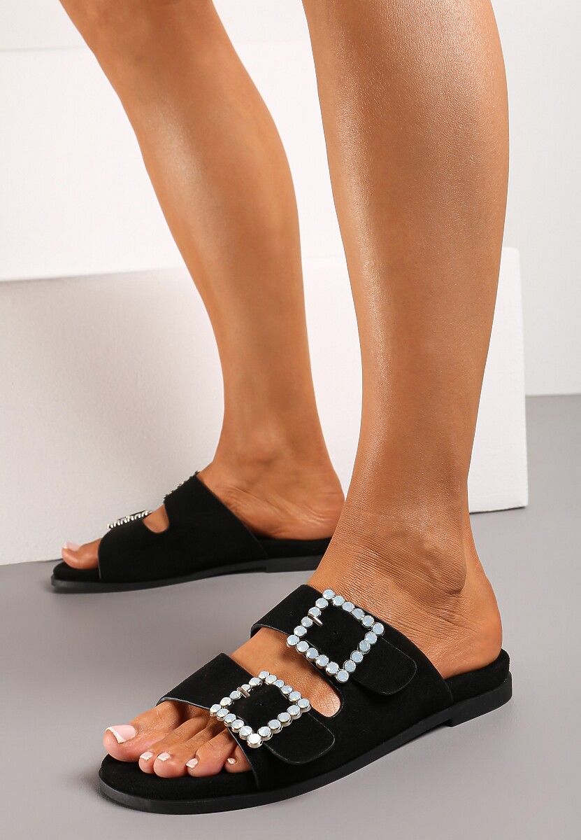 Czarne Klapki z Dwiema Klamrami na Ekozamszowych Paskach Vapire