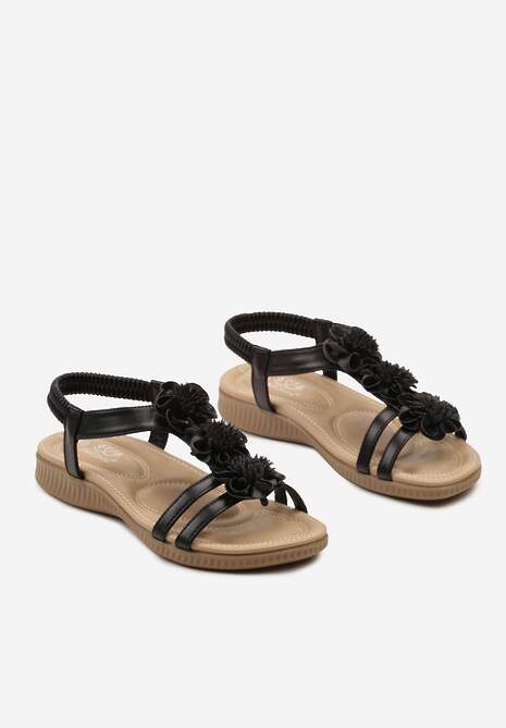 Czarne Wsuwane Sandały na Płaskiej Podeszwie z Ozdobnym Kwiatem Fietara