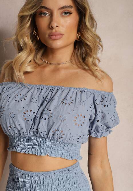 Jasnoniebieski Komplet 2-Częściowy z Bawełny Ażurowy Top w Hiszpańskim Stylu Spódnica z Gumką Dolflea