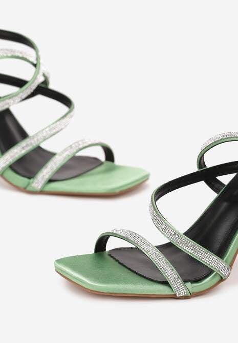 Zielone Sandały na Szpilce z Kwadratowym Noskiem i Cyrkoniami Natale