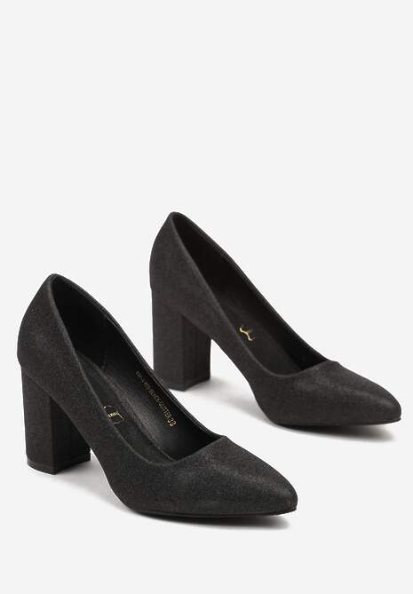 Czarne Czółenka Vices na Obcasie ze Skórzaną Wkładką i Brokatowym Połyskiem Etanorra