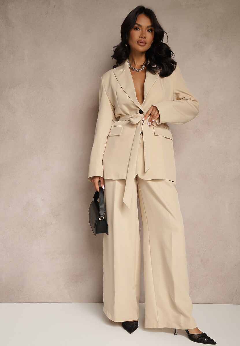 Beżowe Szerokie Spodnie High Waist o Garniturowym Kroju z Zakładkami Uliadorea