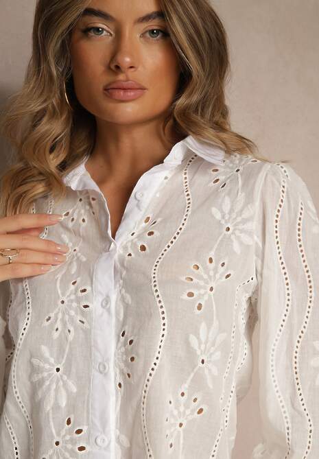 Biała Haftowana Koszula z Rękawem z Możliwością Regulowania Zapinana na Guziki Illviana