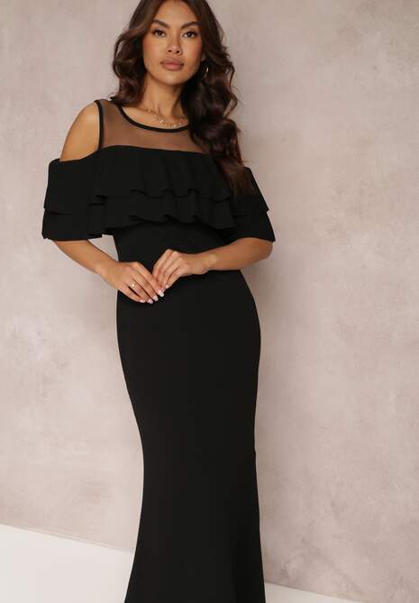 Czarna Sukienka Taliowana z Falbanką Lariphelia