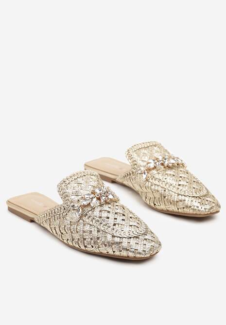 Złote Klapki Mule Ozdobione Cyrkoniami i Metaliczną Nicią Tatosenia