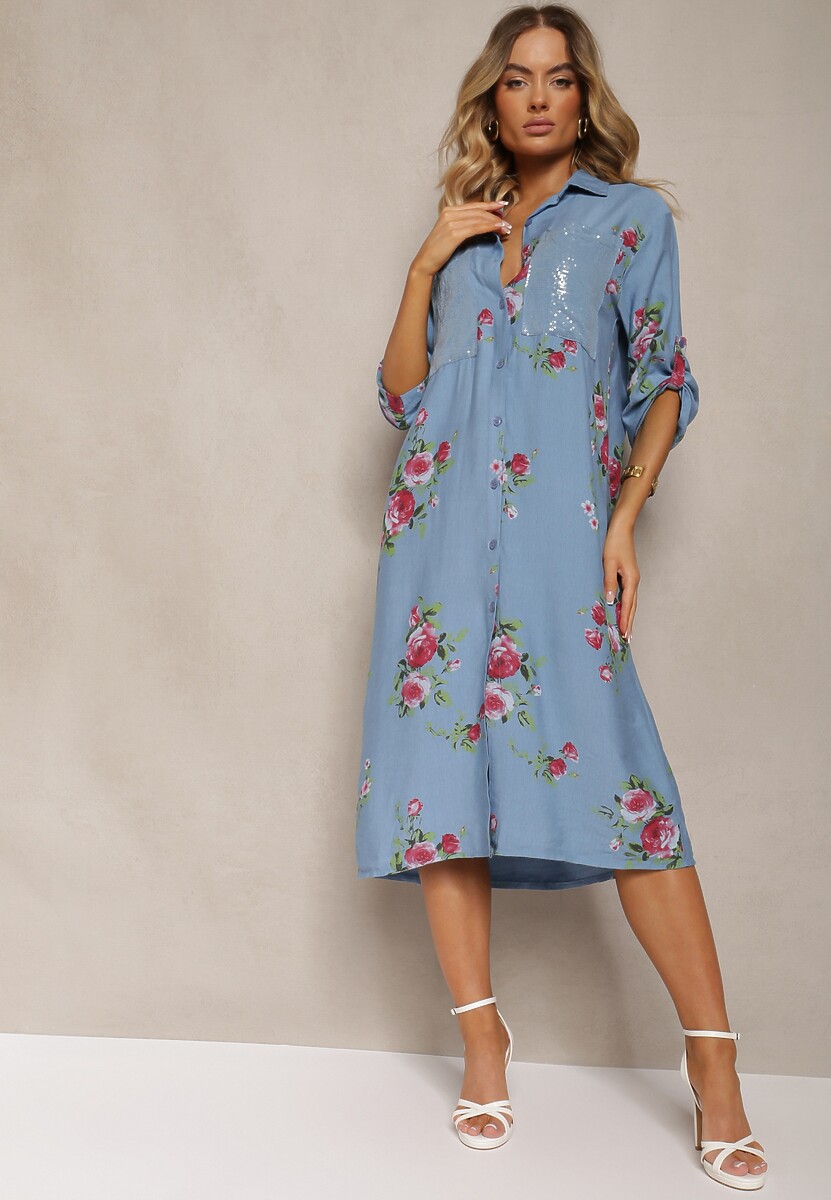 Niebieska Koszulowa Bawełniana Sukienka Zapinana na Guziki Nuramla