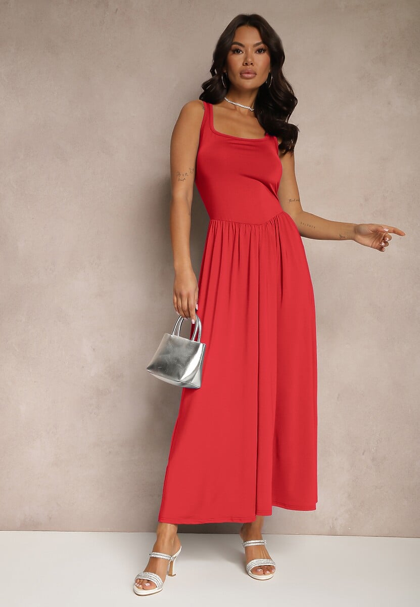 Niebieska Rozkloszowana Sukienka z Wiskozą i Kwadratowym Dekoltem Ravvia