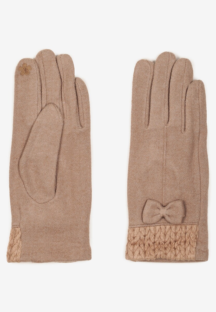 Ciemnobeżowe Rękawiczki z Bawełną Ozdobione Kokardką Visemi
