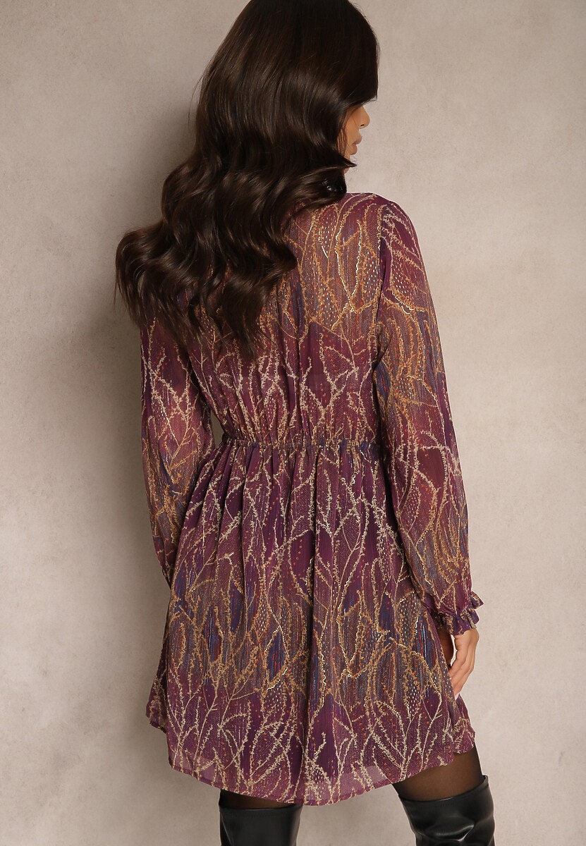 Fioletowa Sukienka z Transparentnego Materiału o Rozkloszowanym Kroju z Falbanami Evadira