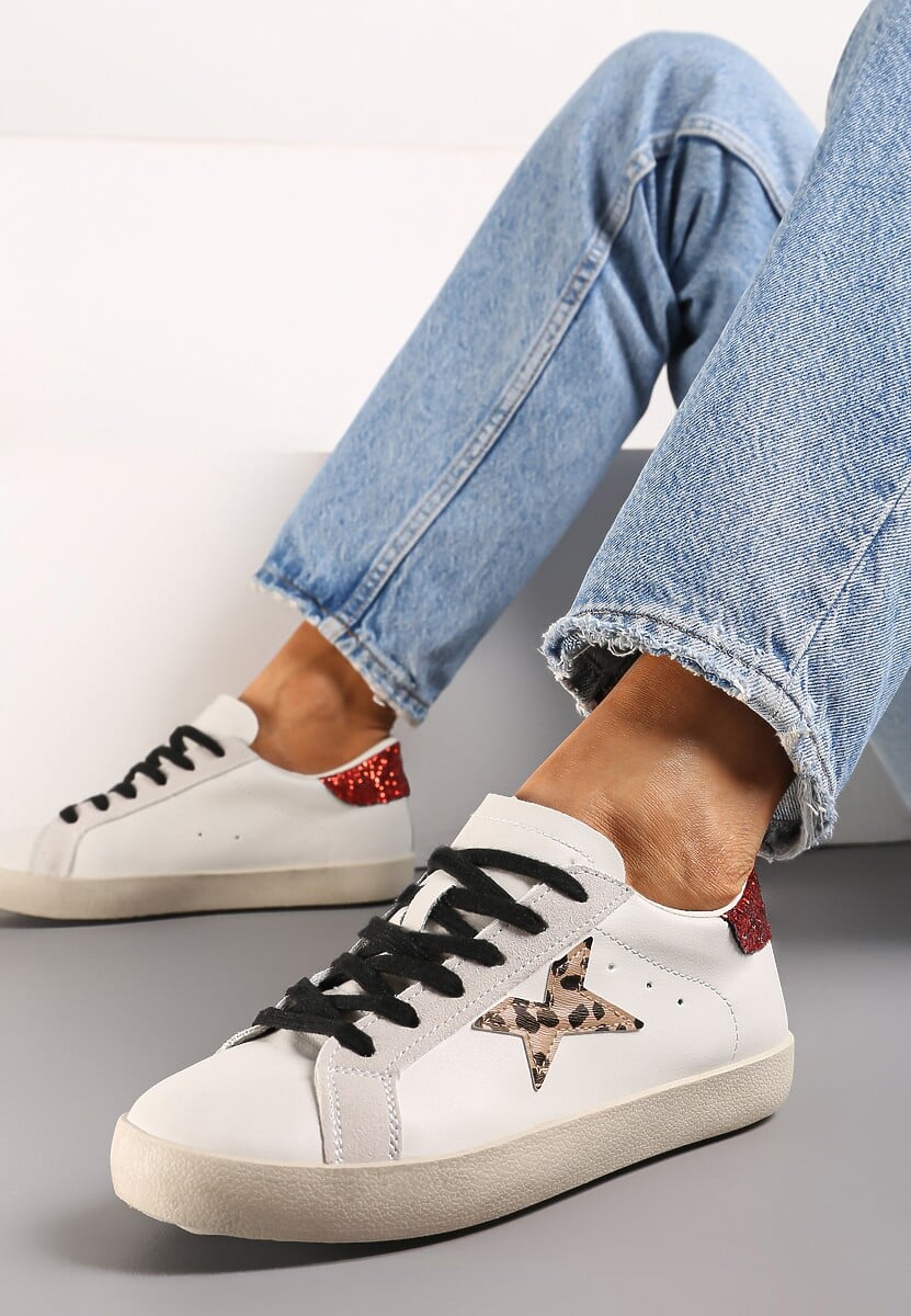 Beżowe Sneakersy ze Sznurowaniem Naszywką Gwiazdki i Brokatem Querena