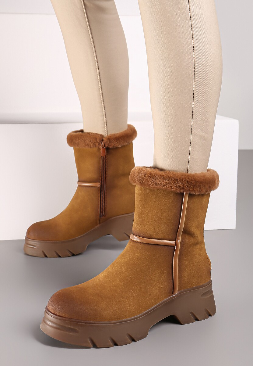 Brązowe Śniegowce na Niskiej Platformie z Ozdobnym Futerkiem Revianna