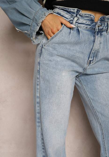 Niebieskie Jeansy Spodnie High Waist z Szerokimi Nogawkami Sancilla