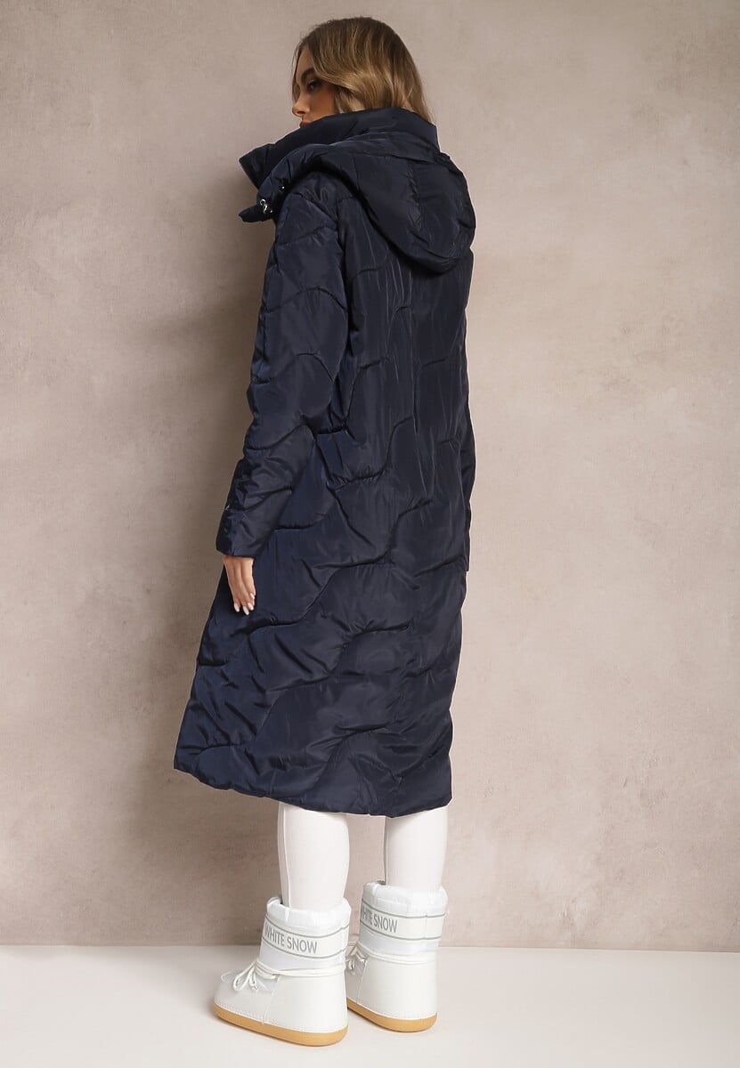 Granatowa Pikowana Kurtka Płaszcz za Kolano z Kapturem Kelotta
