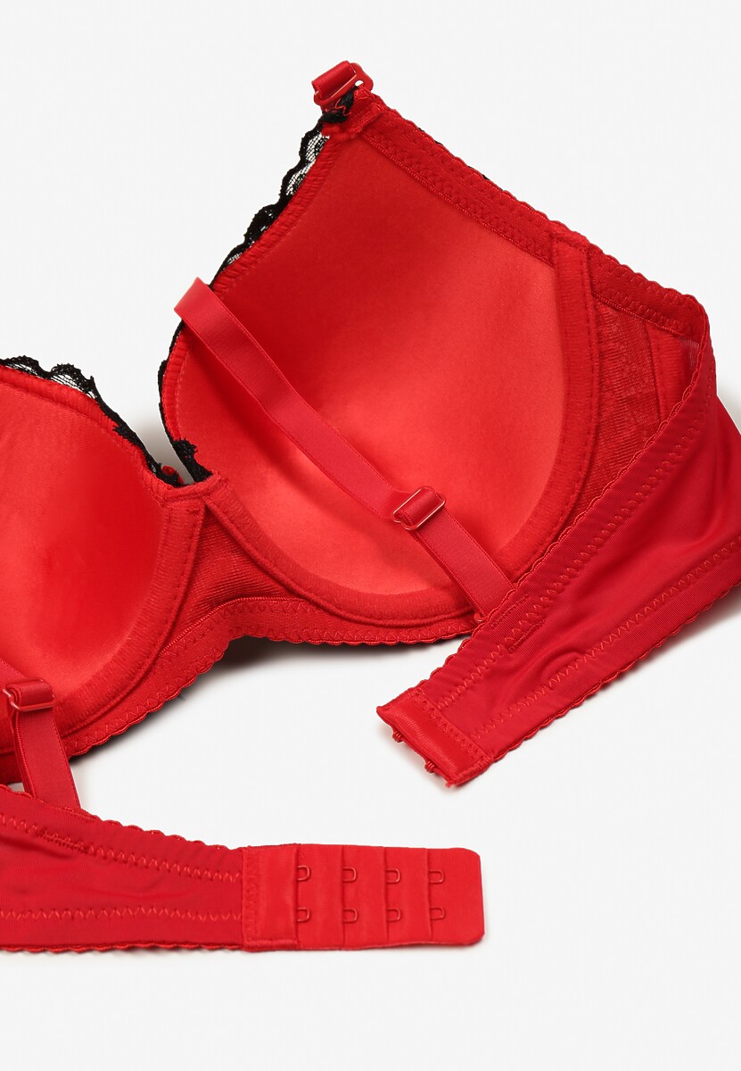 Czarno-Czerwony Koronkowy Biustonosz z Kwiatowym Motywem Nelamis