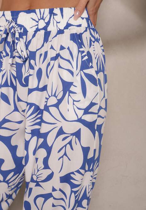 Niebieskie Spodnie z Wiskozy High Waist w Kwiatowy Wzór Niliannea