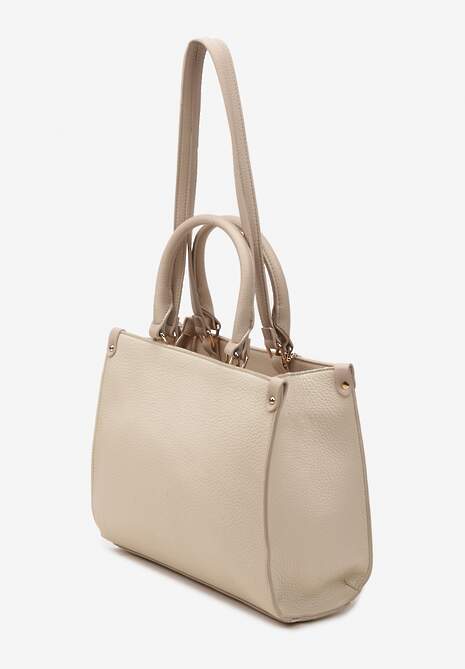 Beżowa Torebka z Podwójną Rączką Naszytą Komorą i Metalowymi Detalami Htirma