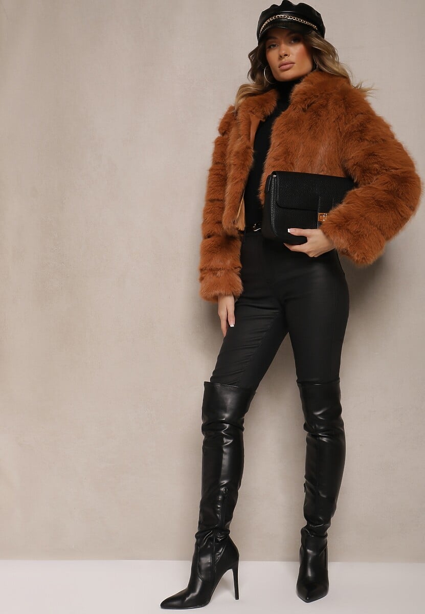 Ciemnobrązowa Krótka Kurtka Futerko z Pikowanymi Przeszyciami Kemeriana