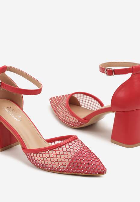 Czerwone Czółenka na Słupku z Siateczkową Cholewką i Cyrkoniami Ariveli